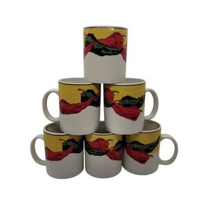 Santa Fe Art Chili Pepper Coffee Mugs Set of 6 Southwestern Ceramic Yellow White